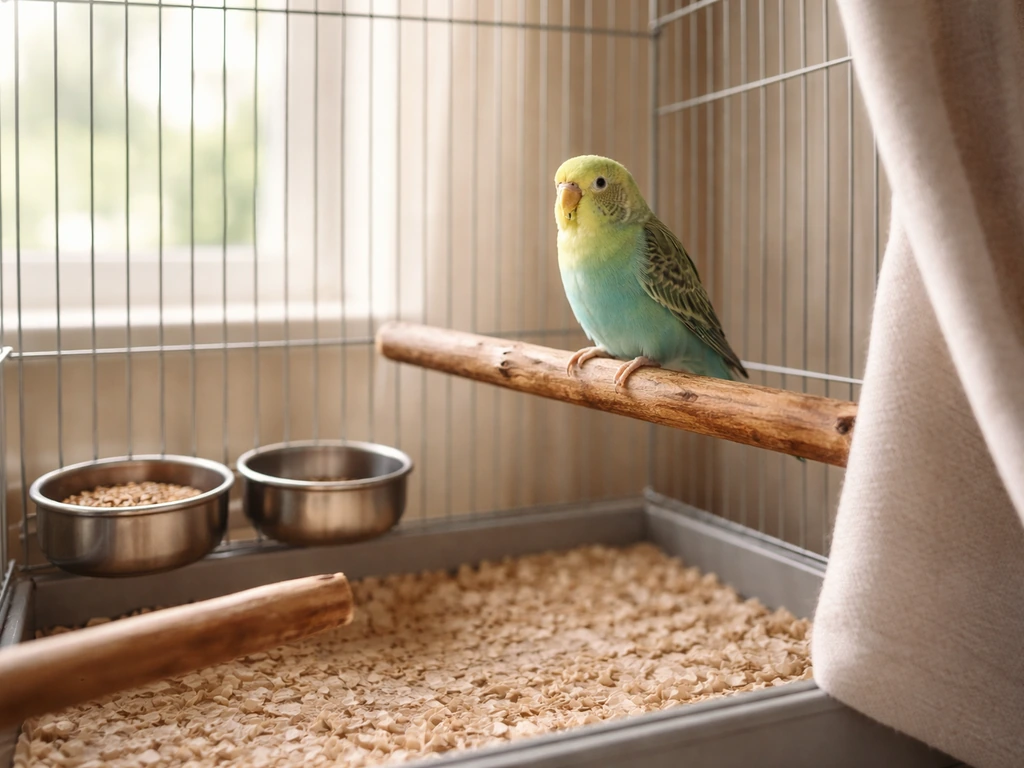Calm new pet bird settled in a simple cage setup with perches and food bowls in natural light.