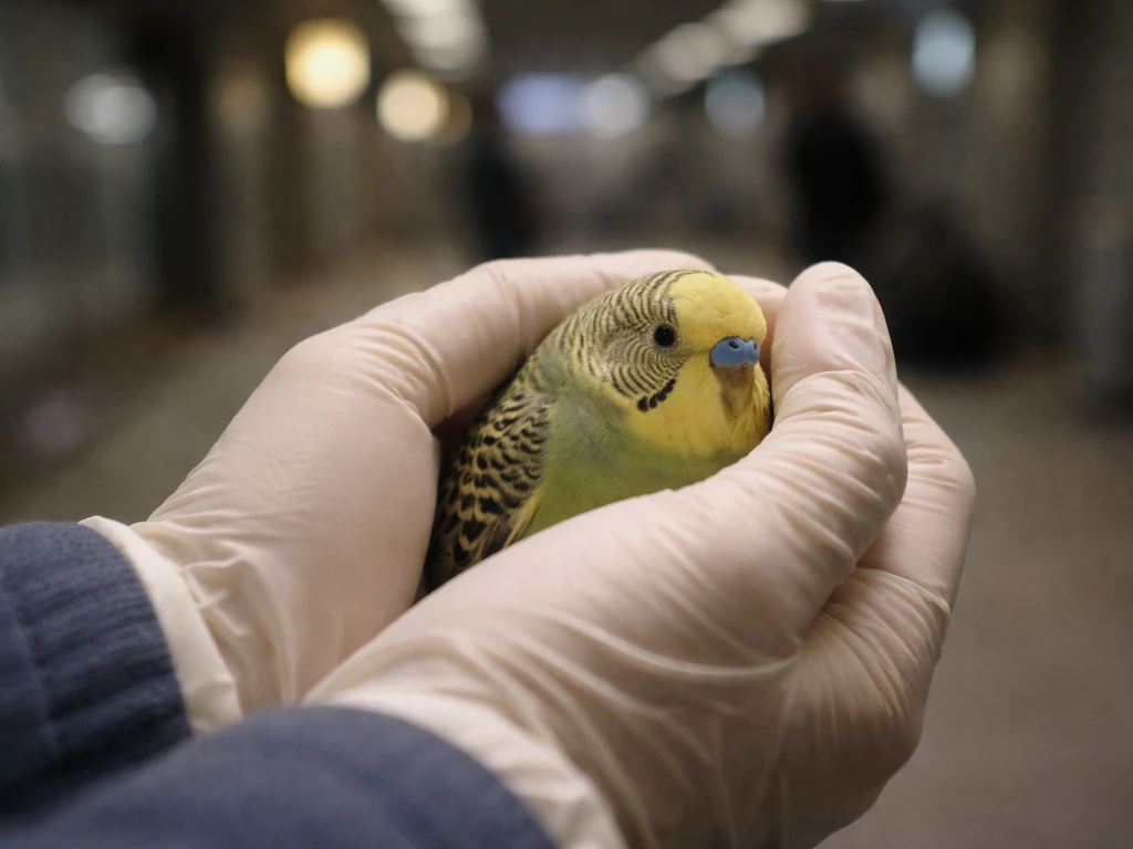 Calm bird held gently in a dim, quiet transport setting to suggest immediate stress reduction.