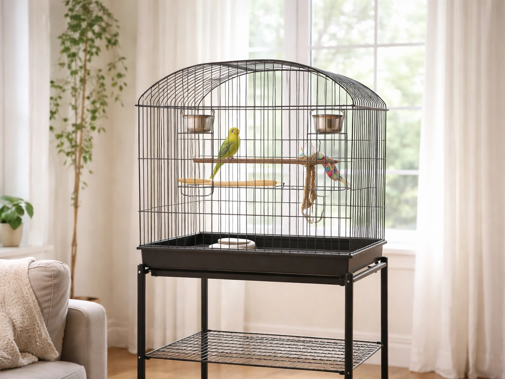 Bird cage placed at eye level in a bright living room, away from drafts, with clean bowls inside.