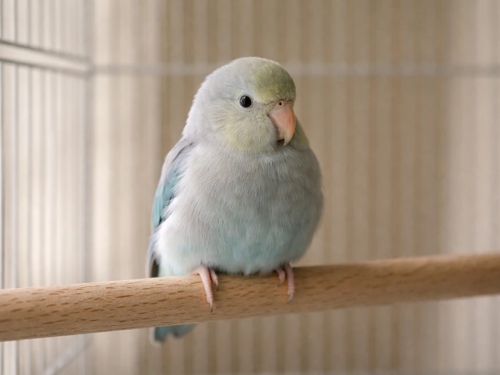 Small bird perched quietly on a wooden perch inside a simple enclosure, showing a calm first-day settling moment.