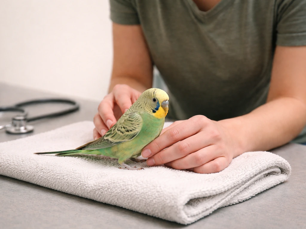 Clinician and small pet bird in a vet exam room, showing tail-bobbing breathing posture.