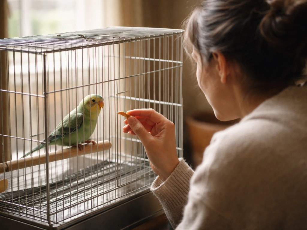 Anonymous keeper seated by a bird cage, offering a treat through the bars while speaking quietly.