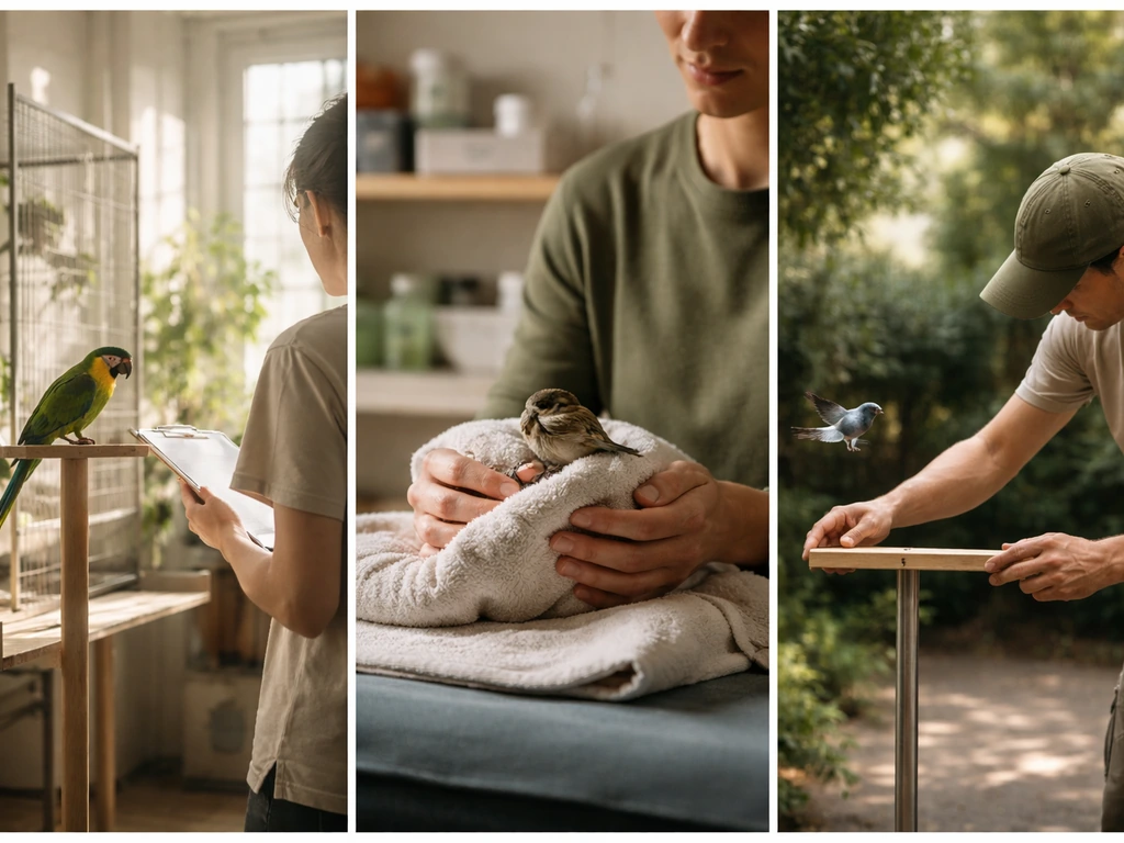Three-panel photo-style scene showing pet-bird care, wildlife rehab handling, and avian training with simple setups.