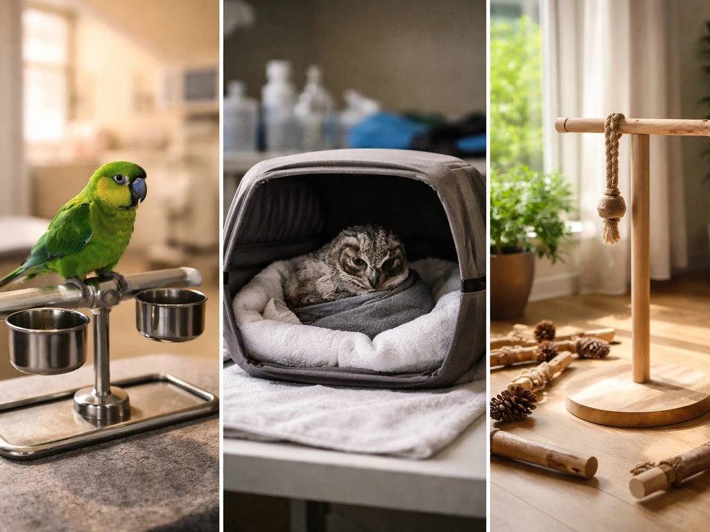 Three side-by-side scenes: pet bird care, wildlife rehab recovery, and avian training with a perch setup.