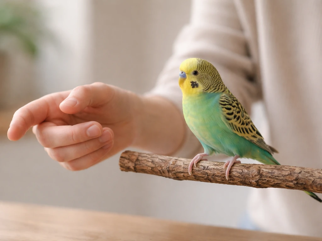 Anonymous handler cueing a small bird to step up from a perch in a calm, safe setting.