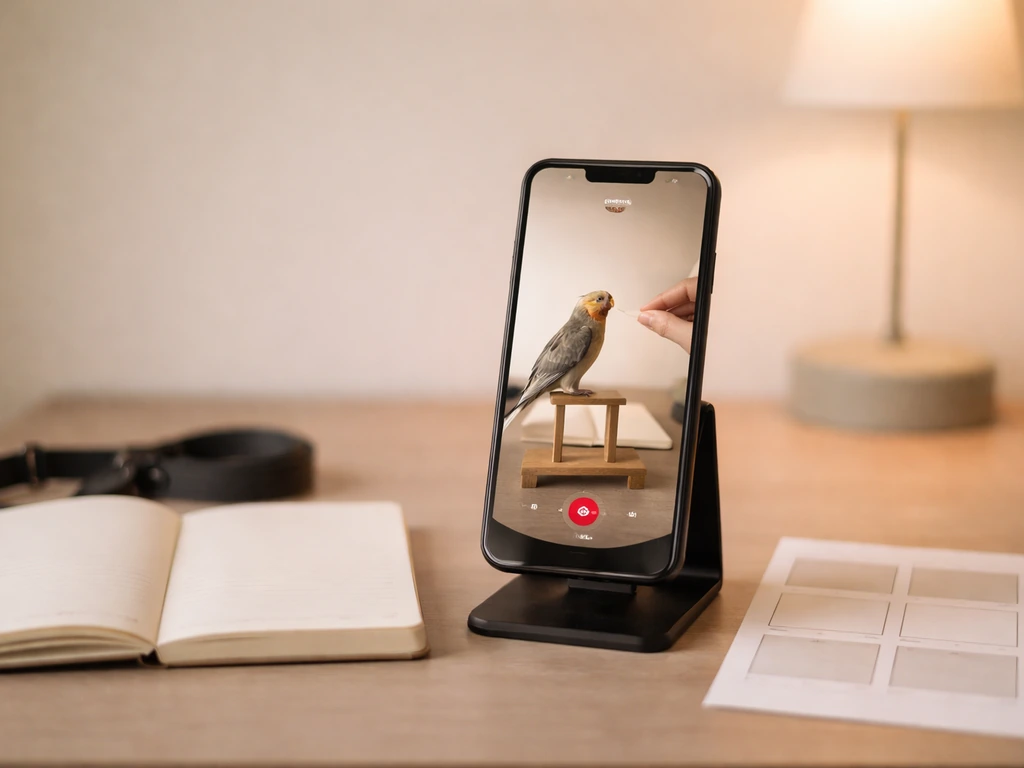 Phone camera filming a simple training-clip reel with a quiet office-style backdrop