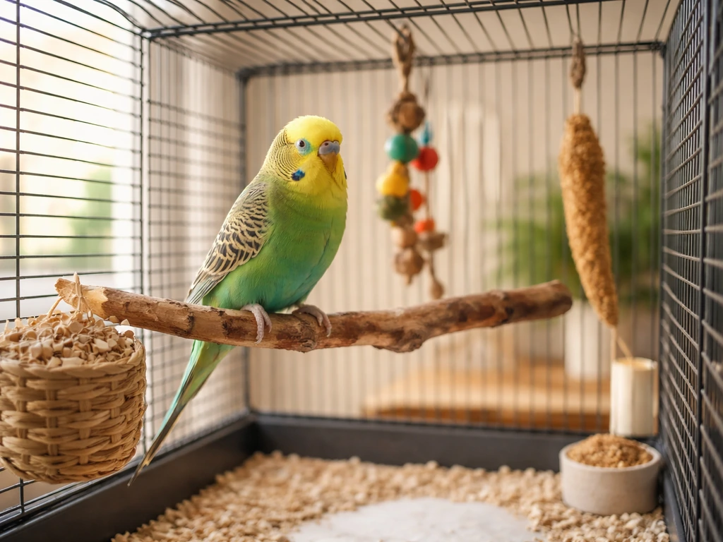 Colorful companion bird calmly perched on a natural wood perch in a clean enriched cage at home.