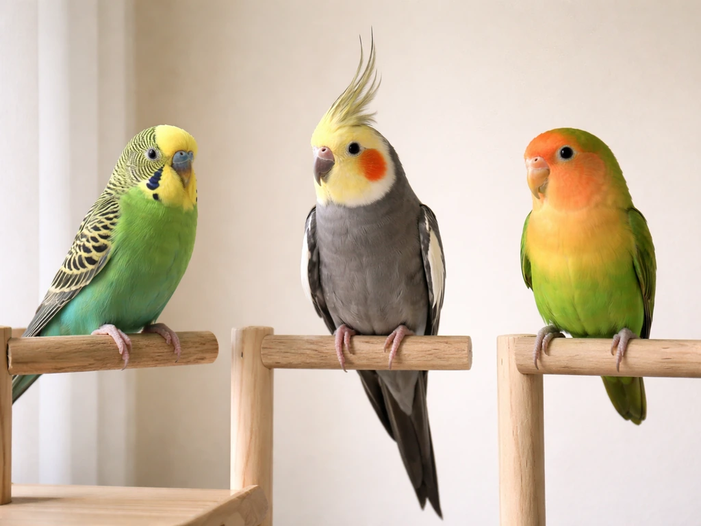 Three small pet birds perched calmly on a simple stand in soft daylight