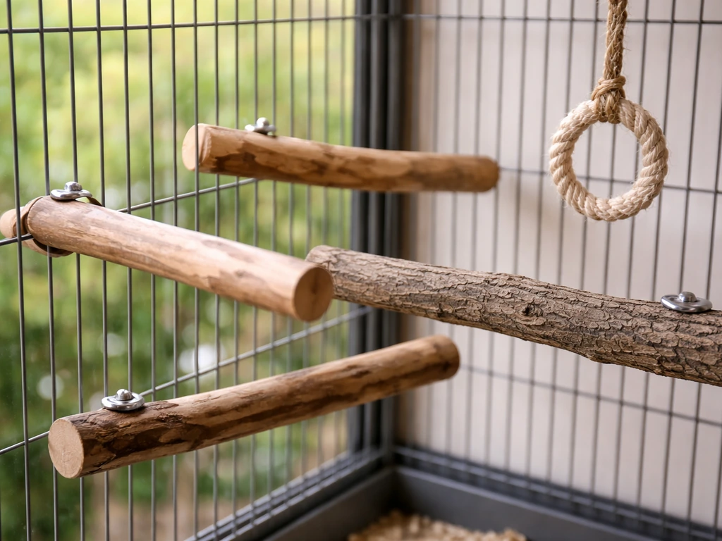Close-up inside a bird cage showing multiple natural wood perches of different textures and diameters