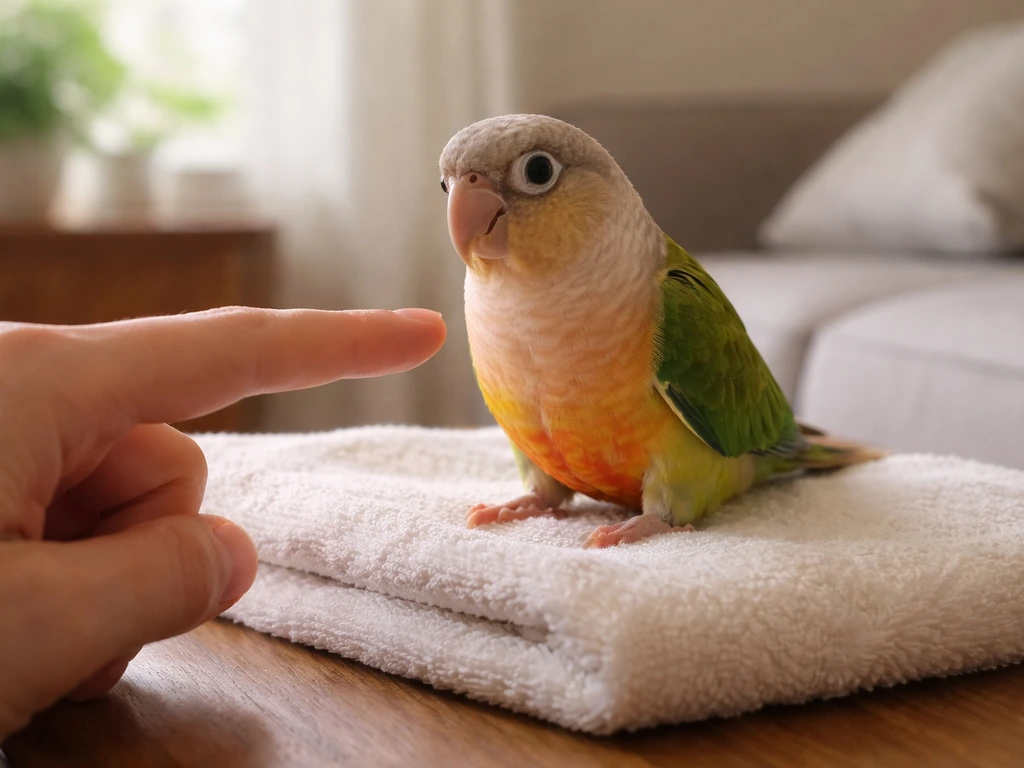 Calm small companion bird stepping onto a human finger perch just above its feet indoors