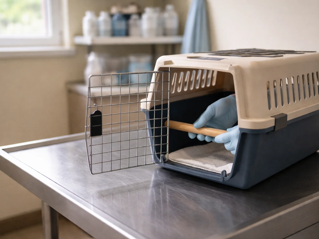 Gloved vet hands near a bird carrier on an exam table in a quiet clinic room, no bird visible.