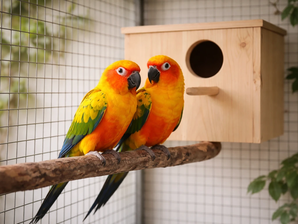 Healthy conure pair perched near a wooden nest box inside a calm aviary with soft natural light.