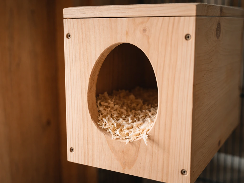 Close-up of a vertical conure nest box with bedding lining and a slightly angled entrance.