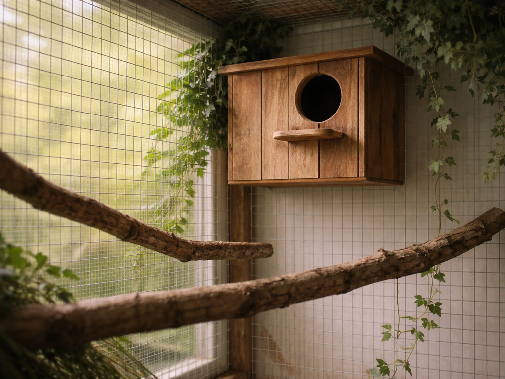 Elevated wooden nest box in an aviary corner, entrance facing inward with nearby perches and cover.