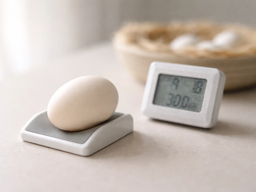 Small egg incubation setup with a thermometer/hygrometer beside an egg on a simple turning guide.