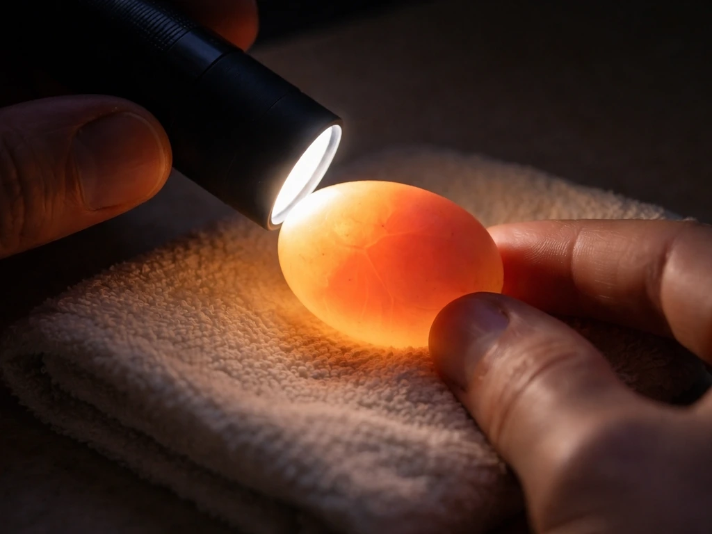 LED egg candler shining through a conure egg in a dark room, showing a warm glow.