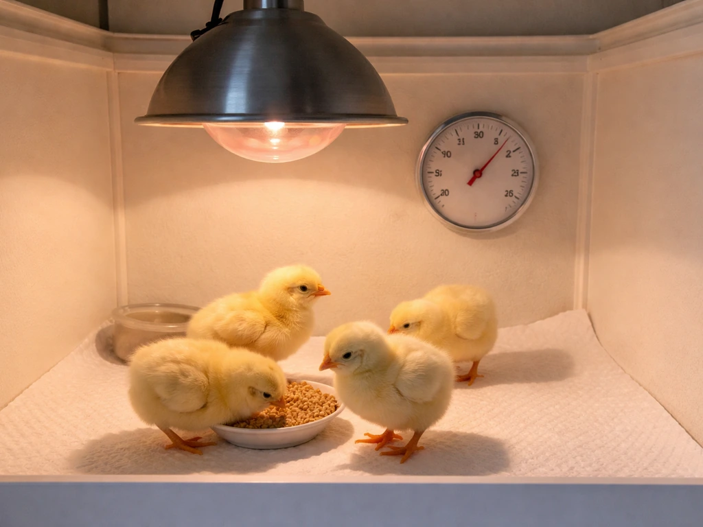 Clean brooder compartment with heat lamp, temperature gauge, paper towel liner, and a few chicks.