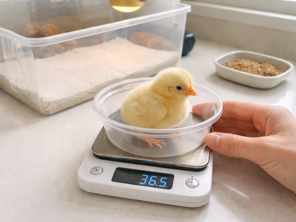 Hand weighing a tiny chick on a kitchen gram scale beside clean paper-towel brooder bedding.
