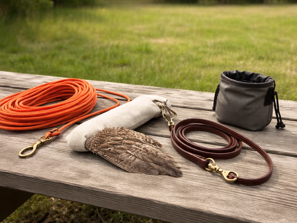Check cord, training dummy/wing, and basic bird-dog gear laid out on a clean outdoor surface