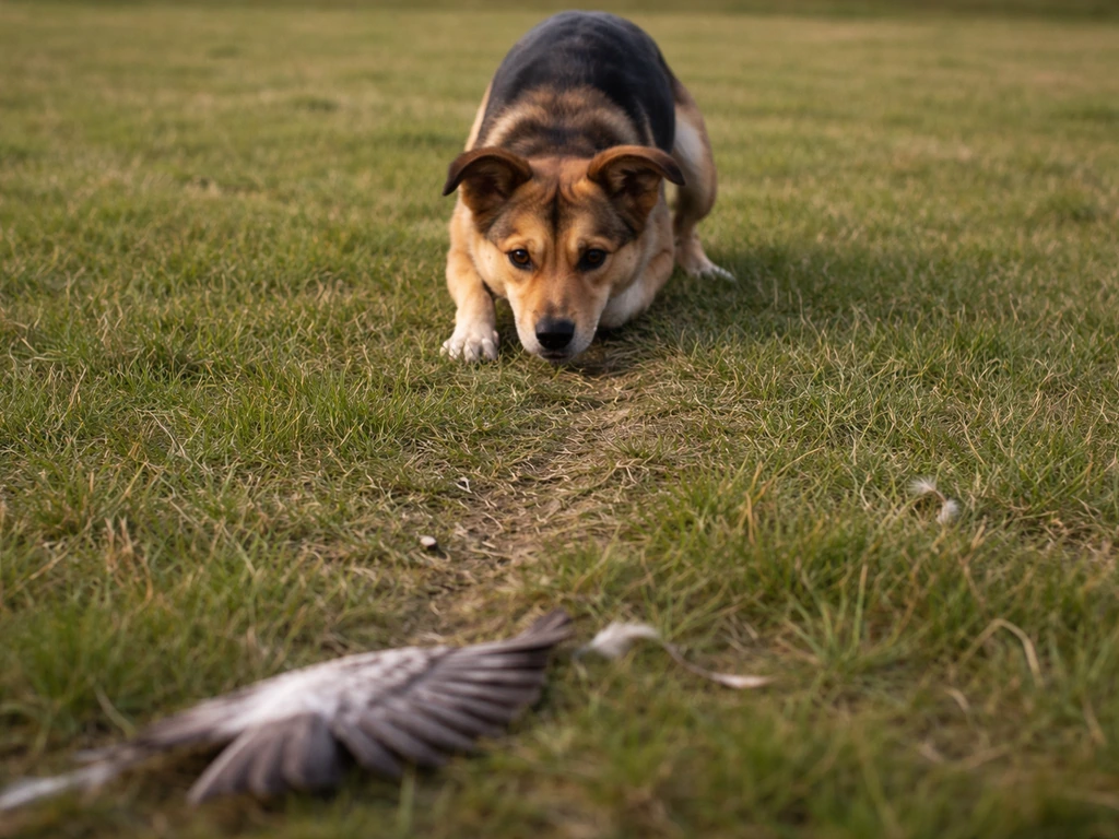 Focused dog tracking a dragged bird wing across short grass with a visible scent trail.
