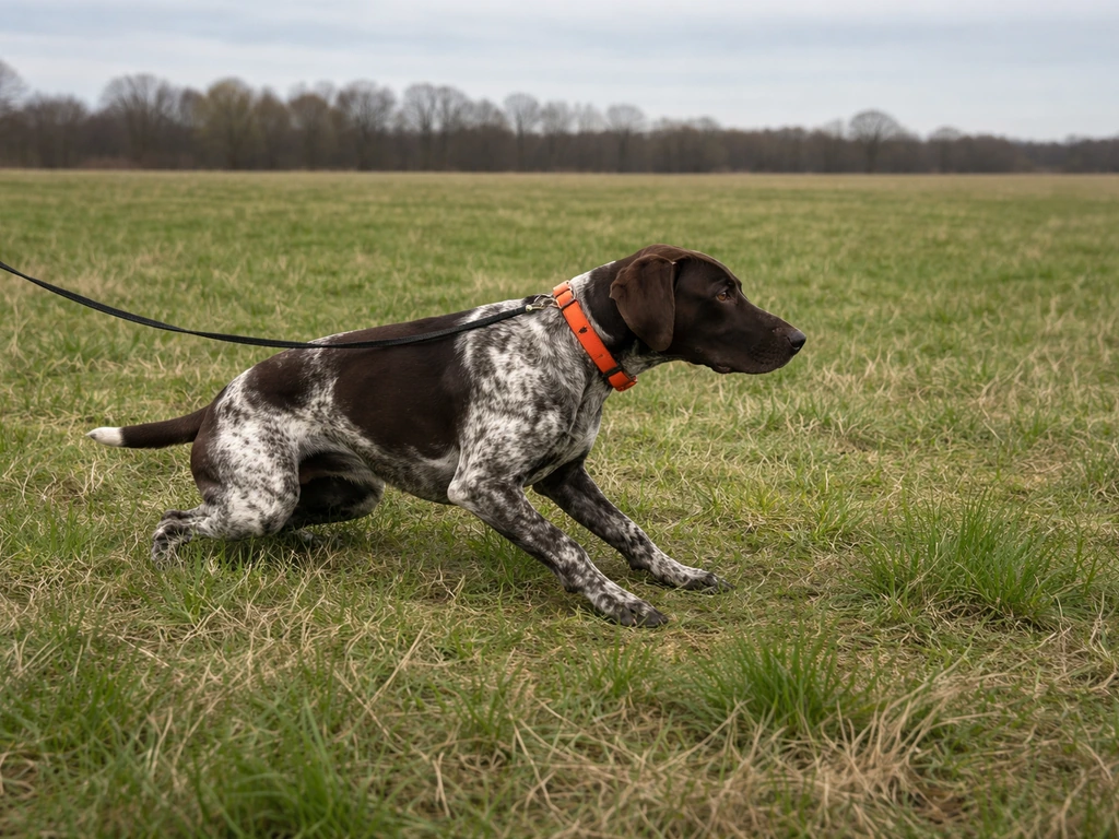 Working dog in training field transitioning into a controlled sit/stop after locating the target.