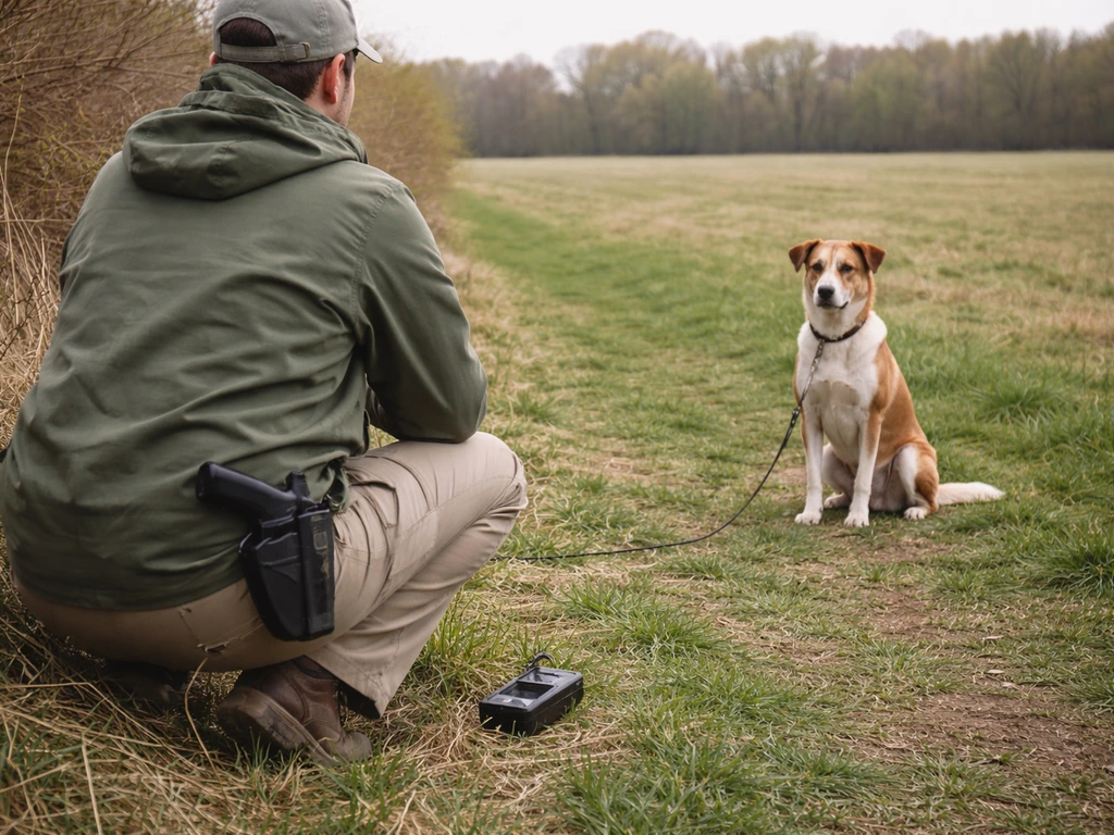 Trainer kneels with calm leashed dog during quiet outdoor gun-conditioning setup at safe distance.