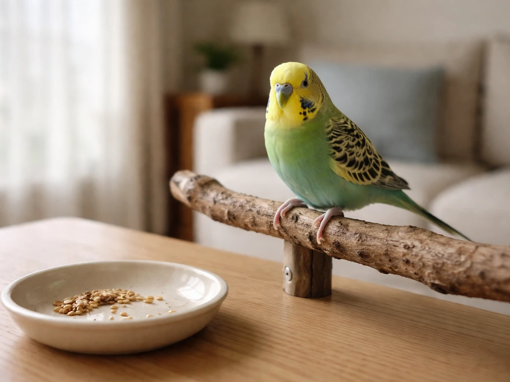 A calm parrot perched indoors next to a small bowl of treats in a quiet, bird-friendly room