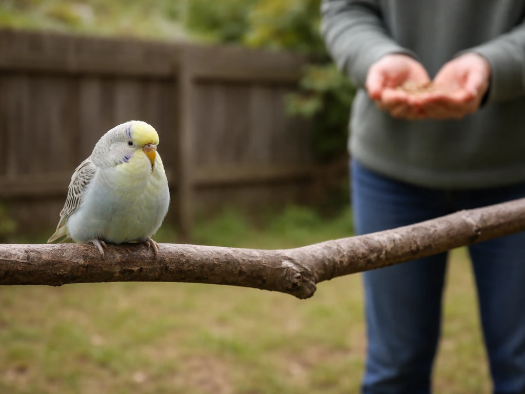 Calm small bird on a branch while a person offers treats at a comfortable threshold distance.
