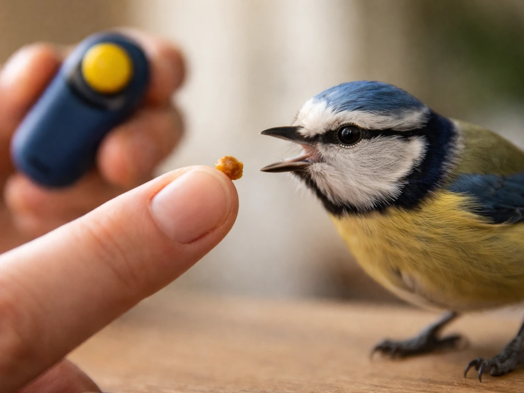 Bird reaching for a treat while a clicker is held nearby at the exact training moment.