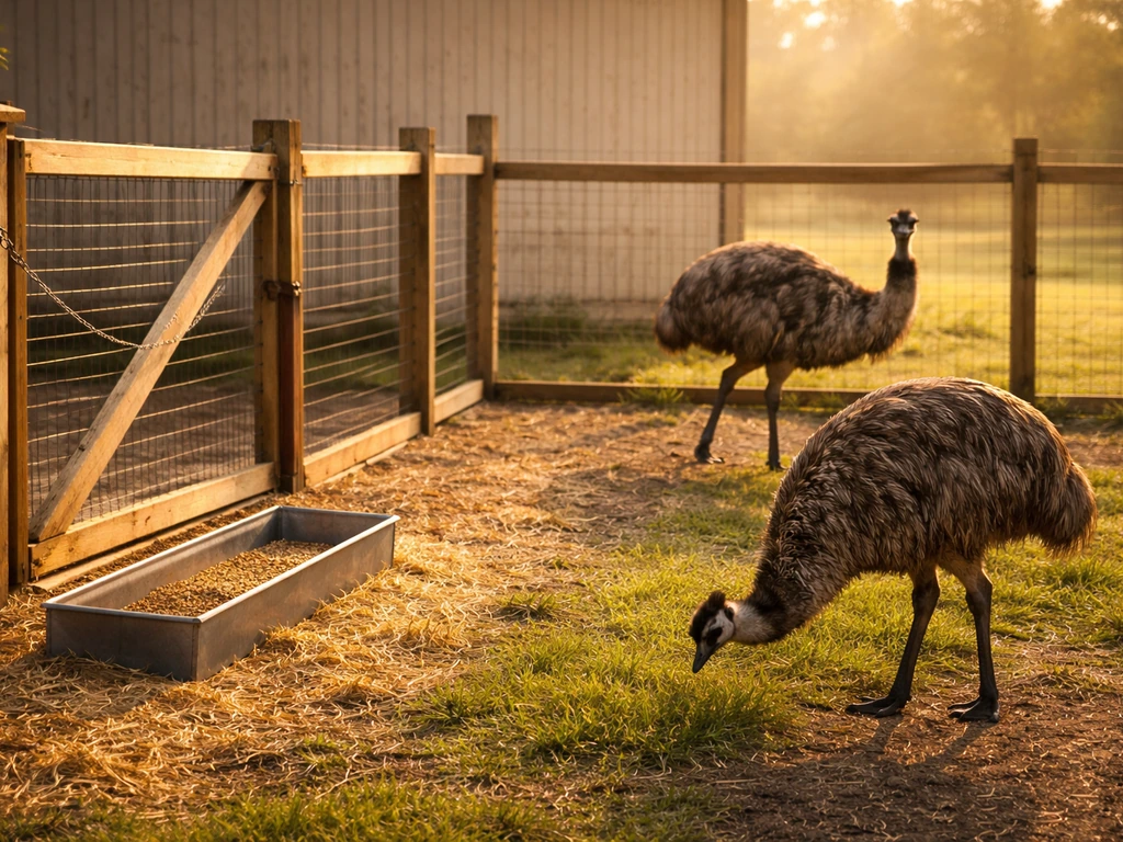 Calm emus in a secure paddock beside a clean feeding trough and fresh bedding, welfare-first setup.