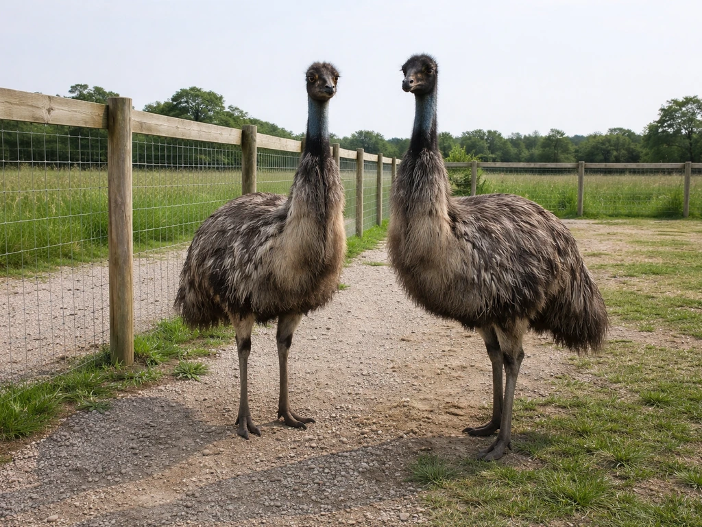 Two adult emus standing calmly in a secure, well-drained fenced paddock setup outdoors.