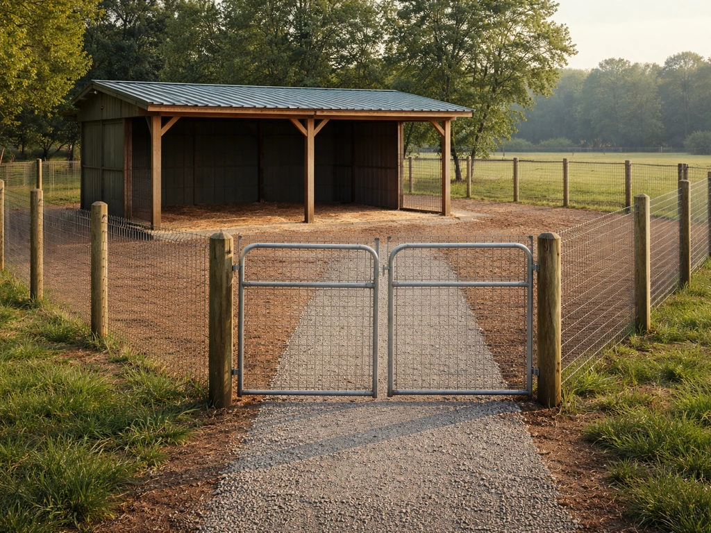 Three-sided open-roof emu shed and secure fenced enclosure with a clear biosecurity entry path.