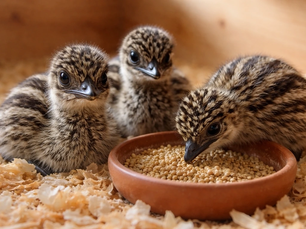 Small emu chicks in a brooder near a shallow dish of ratite chick starter pellets.