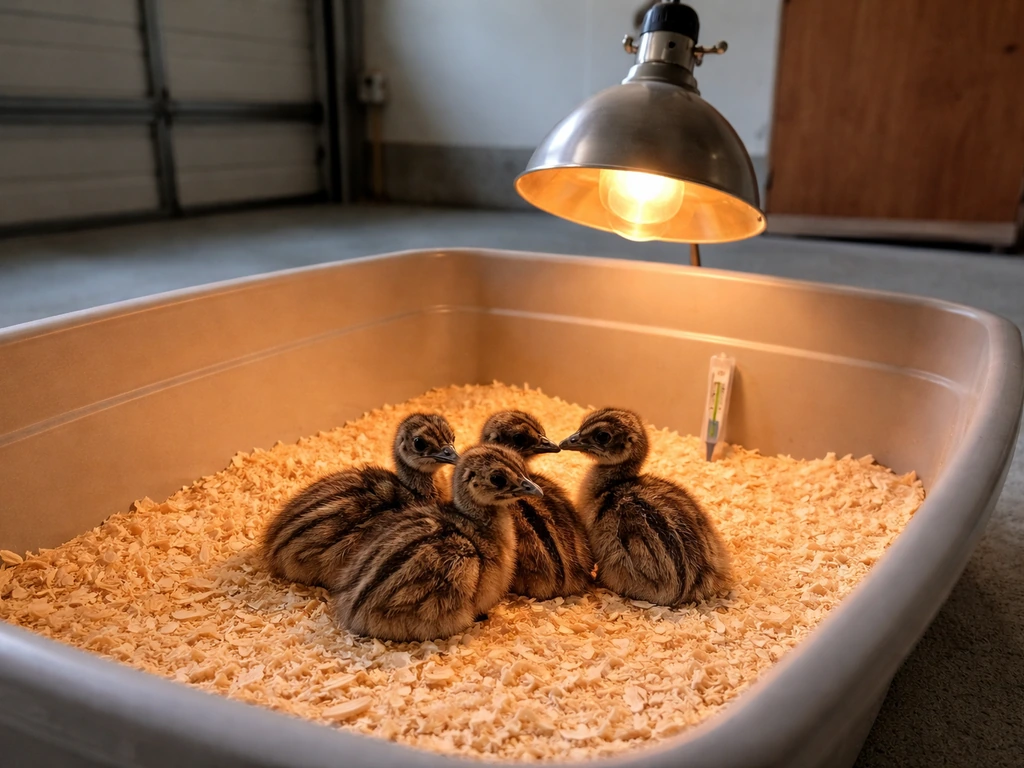 Downy emu chicks resting in a warm brooder under a heat lamp with a nearby thermometer probe.