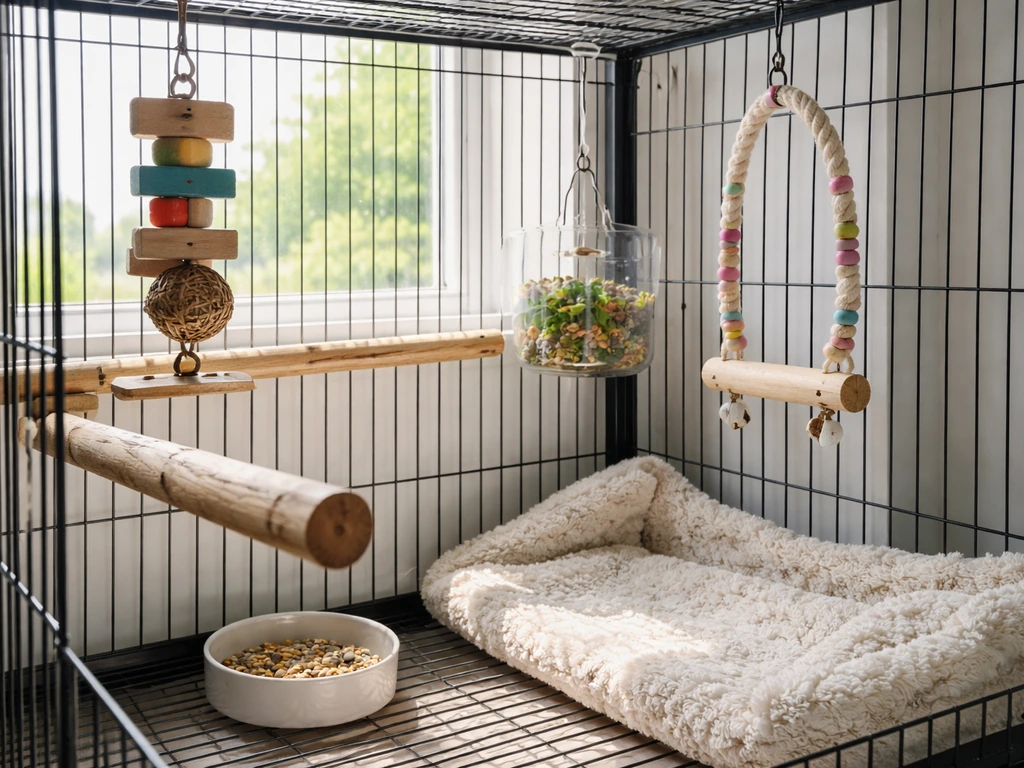 Side view of a calm indoor birdcage with natural perches, foraging feeder, and rotated enrichment toys.
