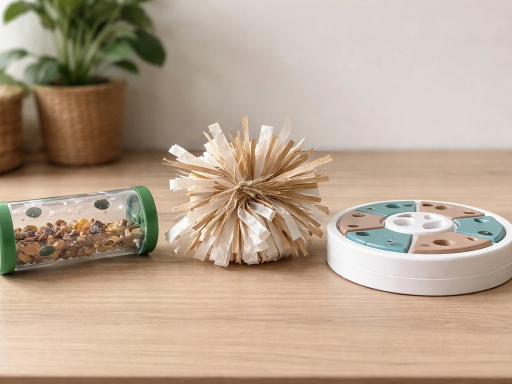 Parrot enrichment items arranged neatly: foraging feeder, shredding material, and a puzzle-style container.