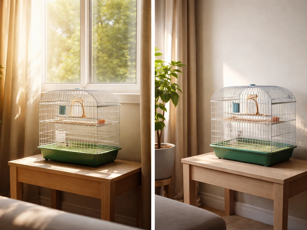 Side-by-side: bird cage in harsh sunbeams vs cage placed against a wall in indirect light.