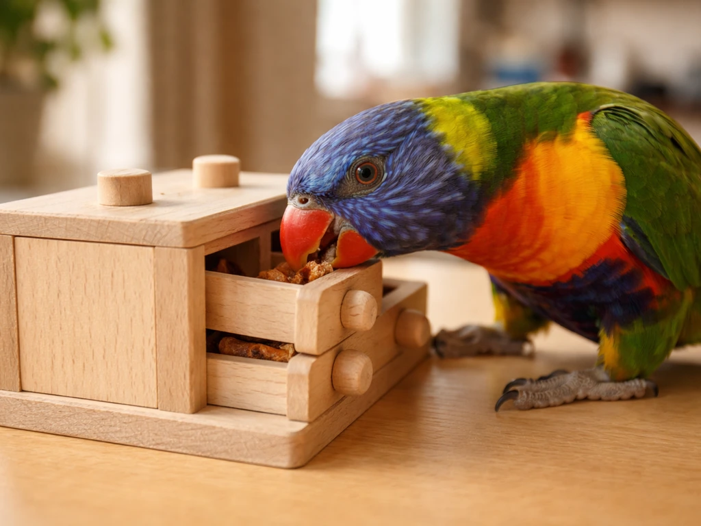 Colorful parrot actively foraging inside a wooden puzzle feeder on a table.