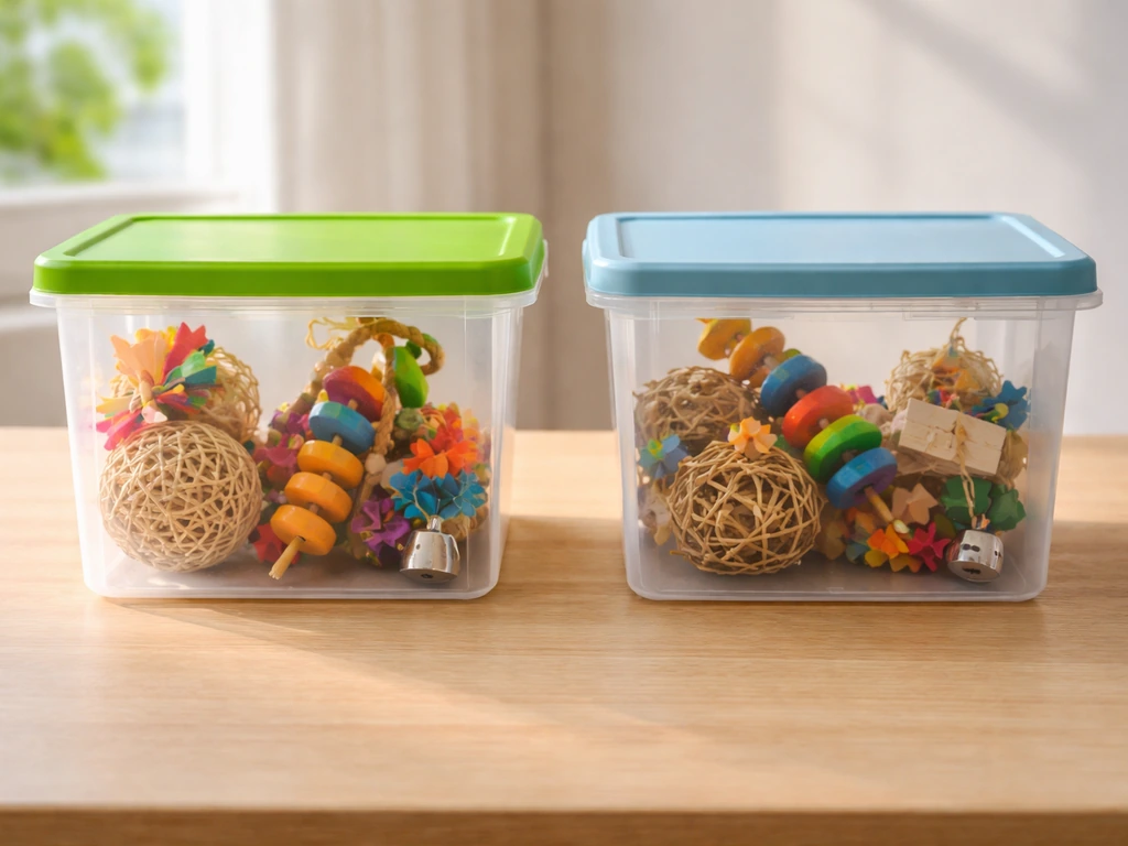 Two separate toy containers showing today vs next, with a few rotating bird toys ready to swap.