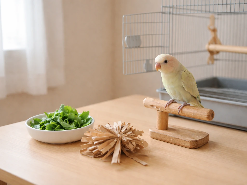 Small pet bird near fresh greens and shredding paper, signaling a first enrichment adjustment for stress.