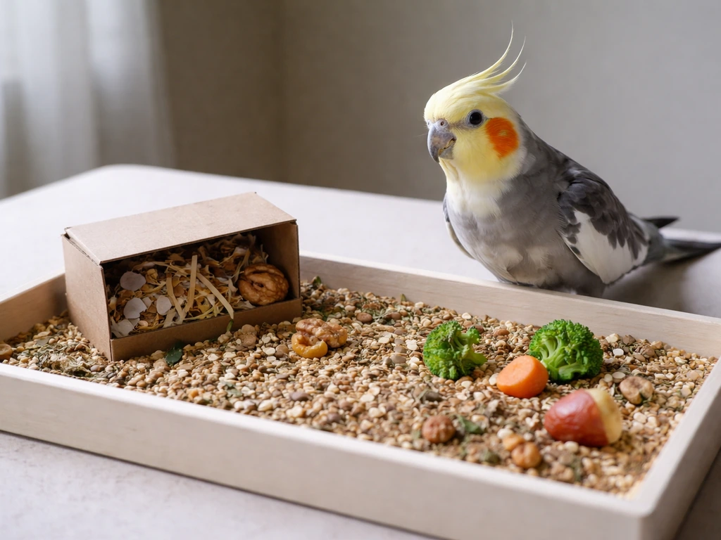 A small pet bird foraging from a simple scatter-feeding tray with fresh seed treats
