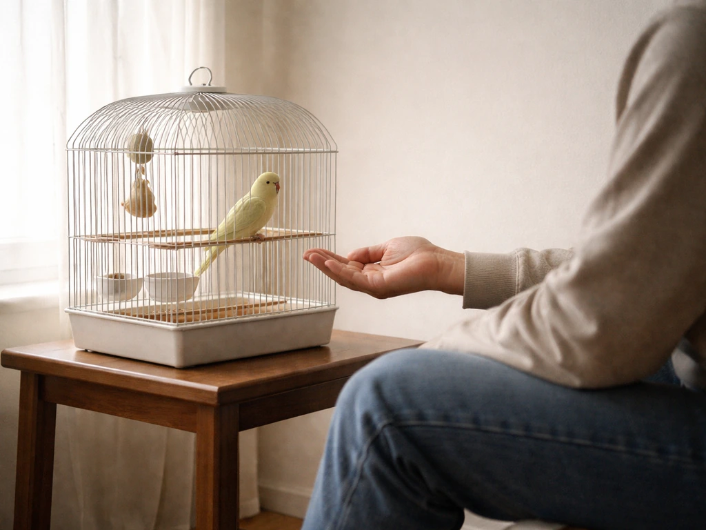 Owner seated by a birdcage offering a treat through the bars while the bird watches calmly.