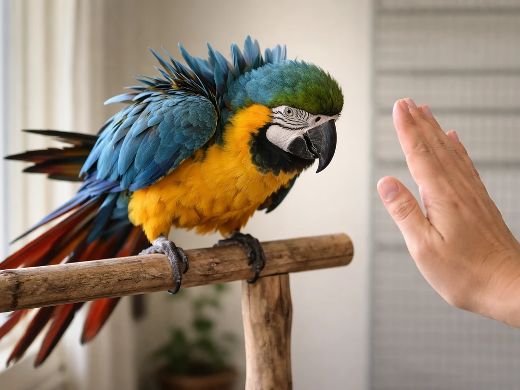 A large parrot near a perch with ruffled feathers and tail flare, showing overstimulation mid-session