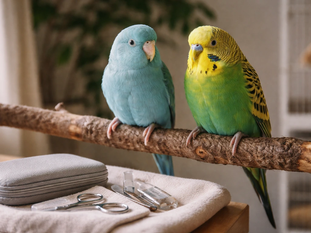Two healthy pet birds perched on separate perches with a small unbranded health-care kit nearby.