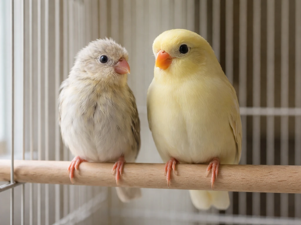 Two small parrot/finch birds side by side on a perch, one younger and one more mature with fuller plumage.