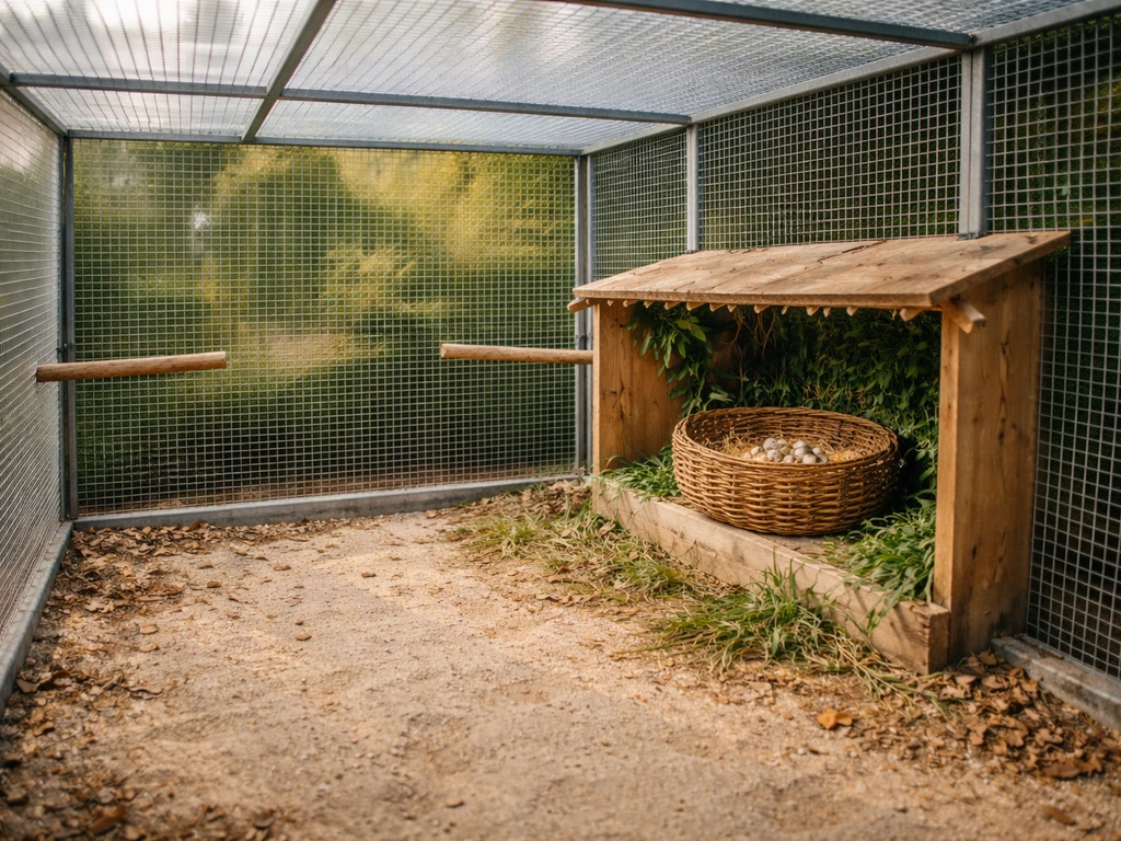 Spacious bird aviary with visible nest box and perches, no birds or people in frame.