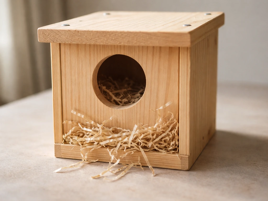Close-up of a wooden nest box with a clear entry hole and soft nesting material inside