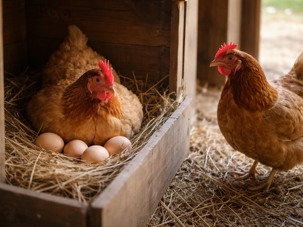 A brooding hen sitting on eggs in a simple nest box with another bird nearby, showing steady incubation.