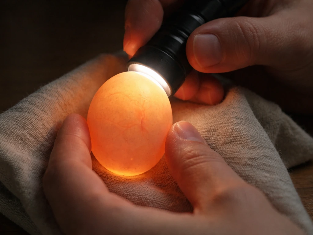 Hands holding a bird egg while an LED candler shines through it in a dim room.