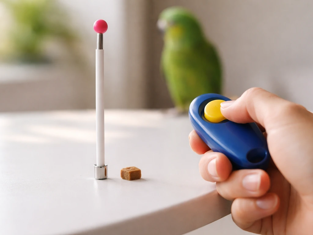 Close-up of a clicker and targeting stick beside a prepared treat for a parrot training session.